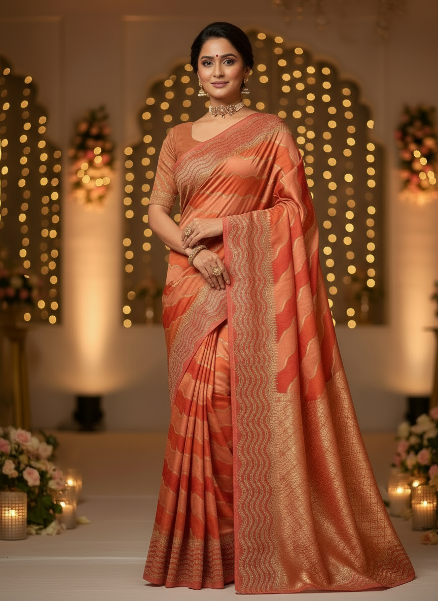Red & Brown Banarasi Russian Silk Saree with Wavy lines in Rangkat weaving - Designer Party Wear