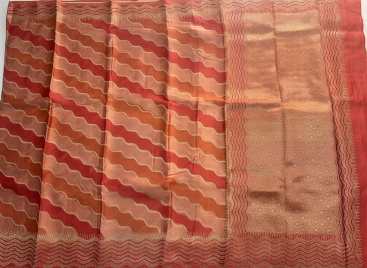 Red & Brown Banarasi Russian Silk Saree with Wavy lines in Rangkat weaving - Designer Party Wear