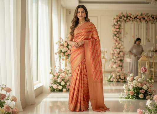 Red & Brown Banarasi Russian Silk Saree with Wavy lines in Rangkat weaving - Designer Party Wear