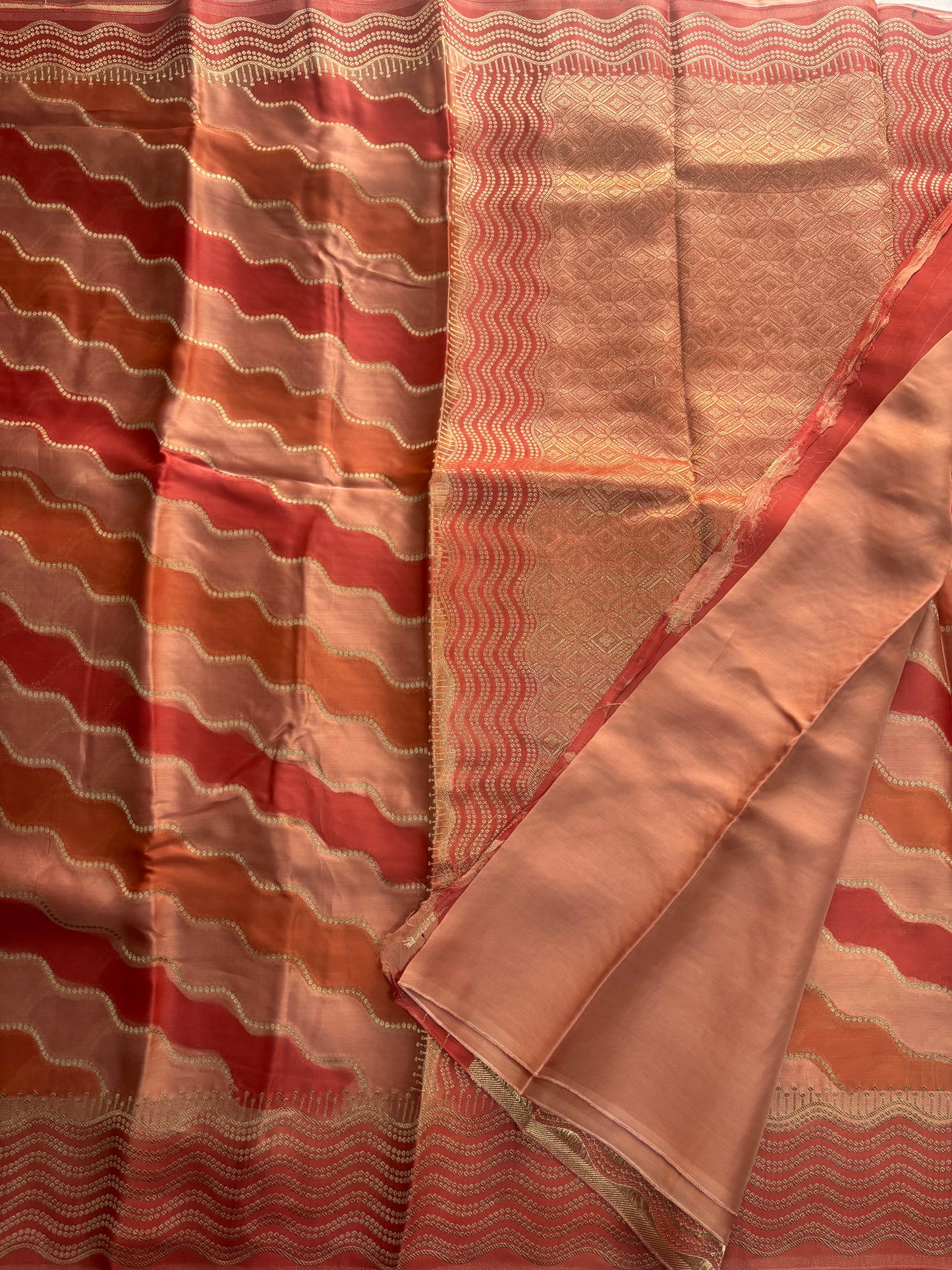 Red & Brown Banarasi Russian Silk Saree with Wavy lines in Rangkat weaving - Designer Party Wear