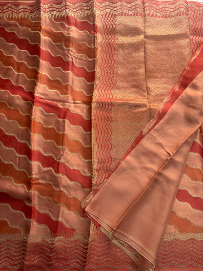 Red & Brown Banarasi Russian Silk Saree with Wavy lines in Rangkat weaving - Designer Party Wear