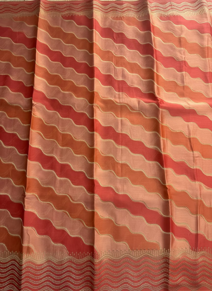 Red & Brown Banarasi Russian Silk Saree with Wavy lines in Rangkat weaving - Designer Party Wear