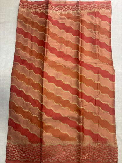 Red & Brown Banarasi Russian Silk Saree with Wavy lines in Rangkat weaving - Designer Party Wear