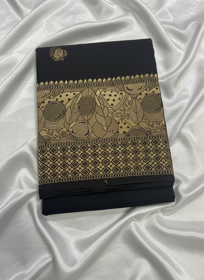 Black Banarasi Russian Silk Saree with Light Gold Pallu & Border - Traditional Wear
