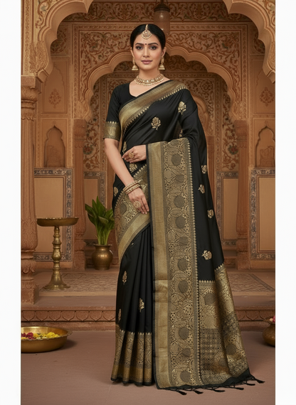 Black Banarasi Russian Silk Saree with Light Gold Pallu & Border - Traditional Wear