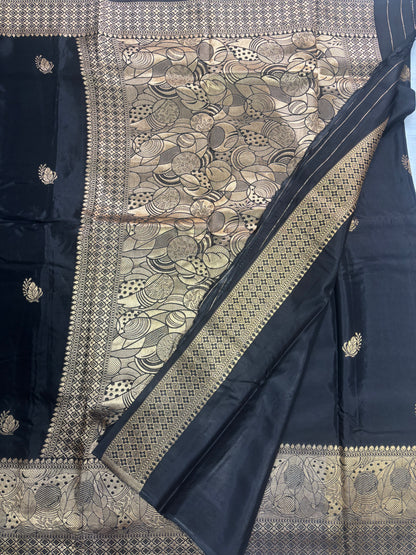Black Banarasi Russian Silk Saree with Light Gold Pallu & Border - Traditional Wear