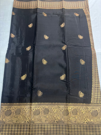 Black Banarasi Russian Silk Saree with Light Gold Pallu & Border - Traditional Wear