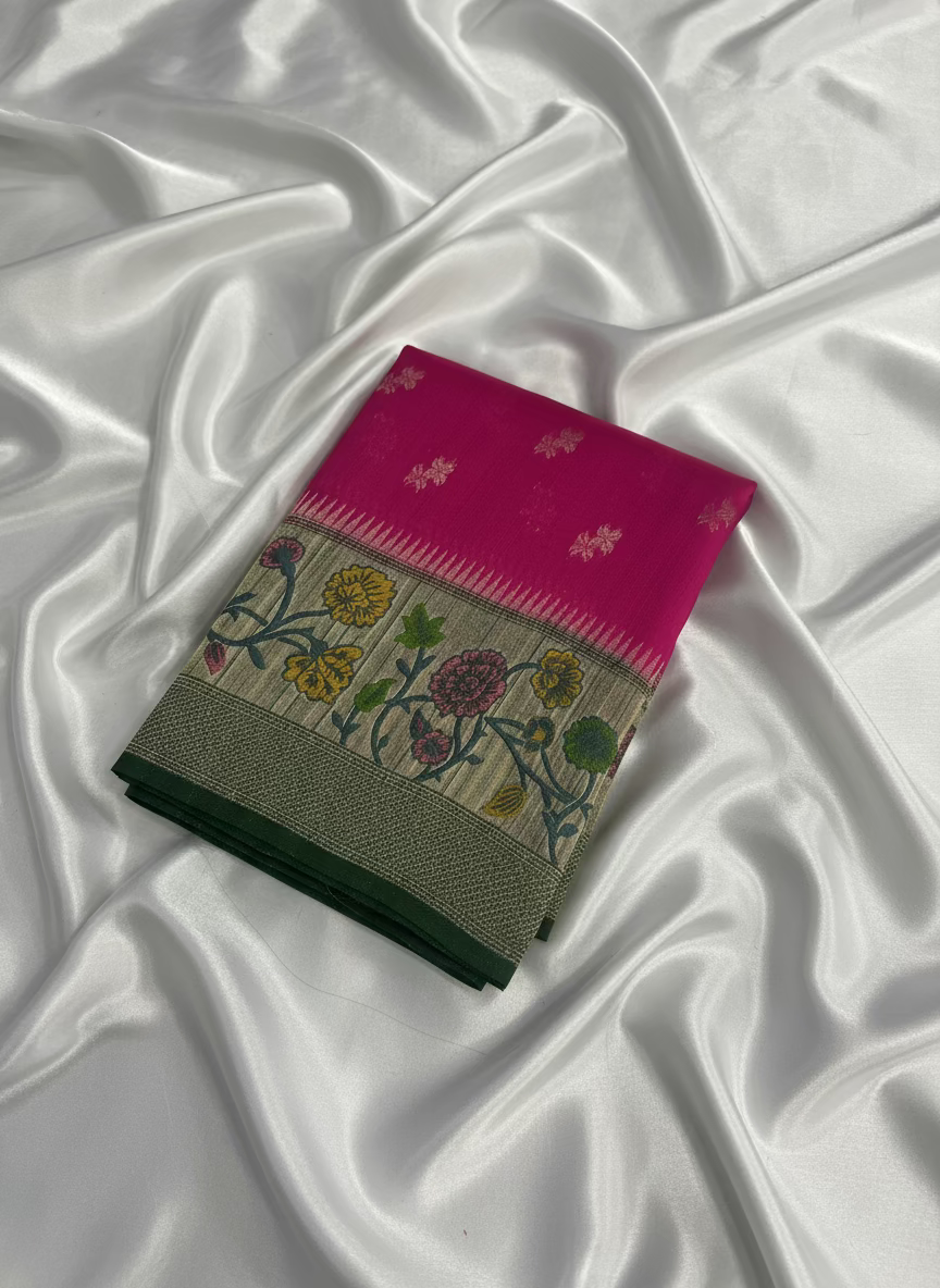 Pink Banarasi Tussar Matka Silk Saree with Paithani Weaving Border  - Traditional Wear