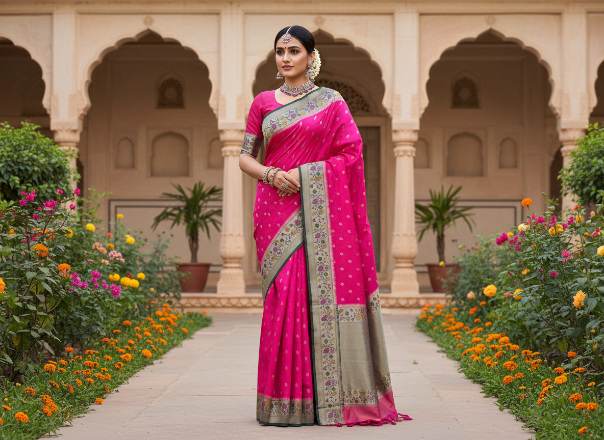 Pink Banarasi Tussar Matka Silk Saree with Paithani Weaving Border  - Traditional Wear