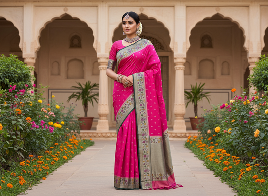 Pink Banarasi Tussar Matka Silk Saree with Paithani Weaving Border  - Traditional Wear