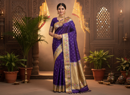 Indigo Banarasi Tussar Matka Silk Saree with Paithani Border  - Traditional Wear