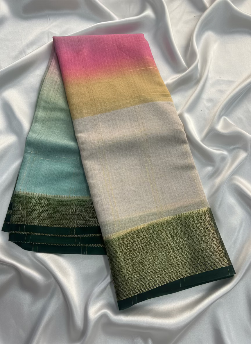 ಬಹುವರ್ಣದ ಮುದ್ರಣಗಳನ್ನು ಹೊಂದಿರುವ ಬಿಳಿ ವಿಸ್ಕೋಸ್ ರೇಷ್ಮೆ ಸೀರೆ, ಒಂದು ಸೊಗಸಾದ ಸಾಂಪ್ರದಾಯಿಕ ಉಡುಗೆ.