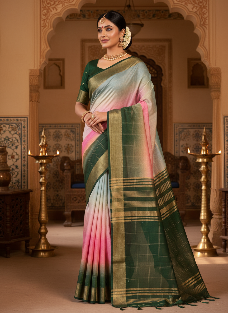 ಬಹುವರ್ಣದ ಮುದ್ರಣಗಳನ್ನು ಹೊಂದಿರುವ ಬಿಳಿ ವಿಸ್ಕೋಸ್ ರೇಷ್ಮೆ ಸೀರೆ, ಒಂದು ಸೊಗಸಾದ ಸಾಂಪ್ರದಾಯಿಕ ಉಡುಗೆ.