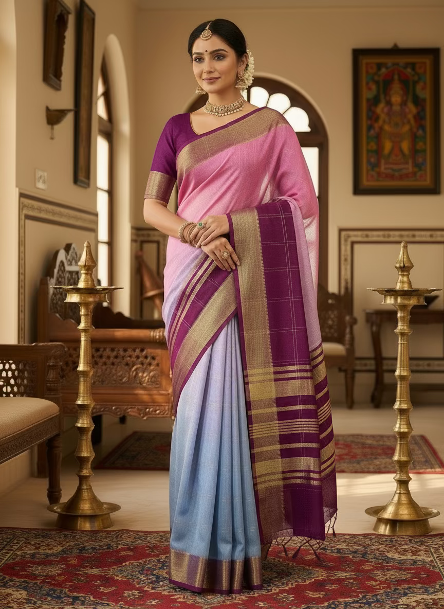 Purple Viscose Silk Saree with shade of Sky Blue Prints, an Elegant Traditional Wear