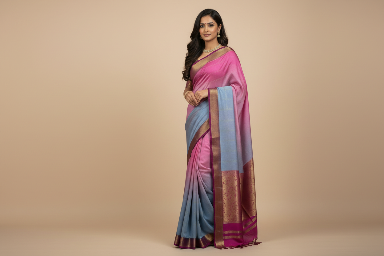Purple Viscose Silk Saree - Sky Blue Prints