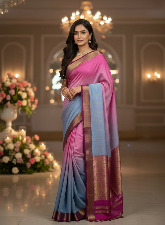 Purple Viscose Silk Saree with shade of Sky Blue Prints, an Elegant Traditional Wear