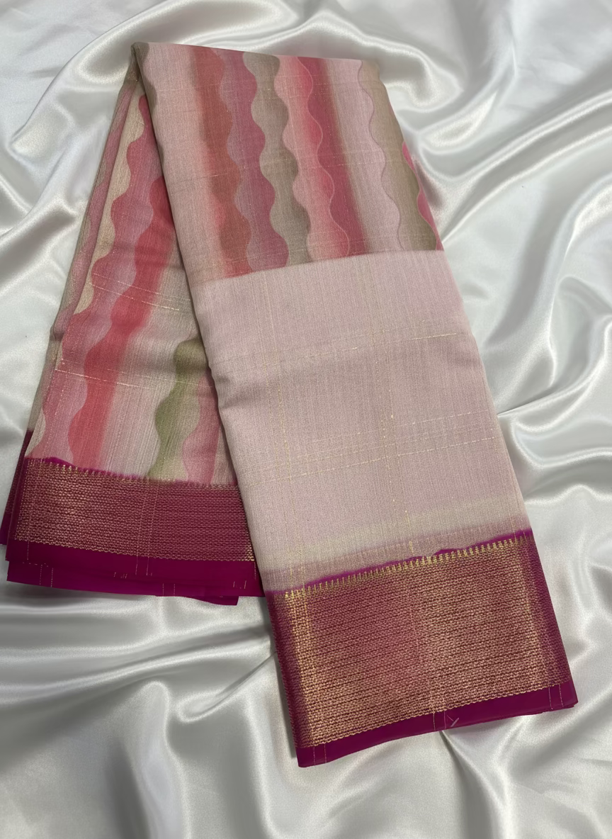 White Viscose Silk Saree with Multicolour Vertical Waves Prints, an Elegant Traditional Wear