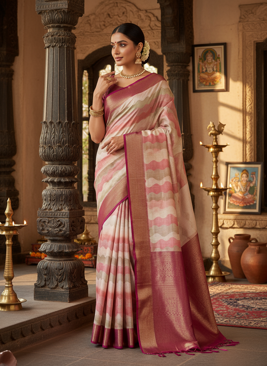 White Viscose Silk Saree with Multicolour Vertical Waves Prints, an Elegant Traditional Wear