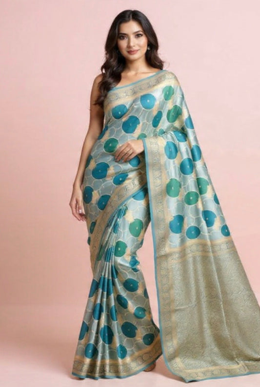 Sea Green Banarasi Russian Silk Saree with Gold Circular shaped Rangkat weaving with Golden Leaf Border- Designer Party Wear