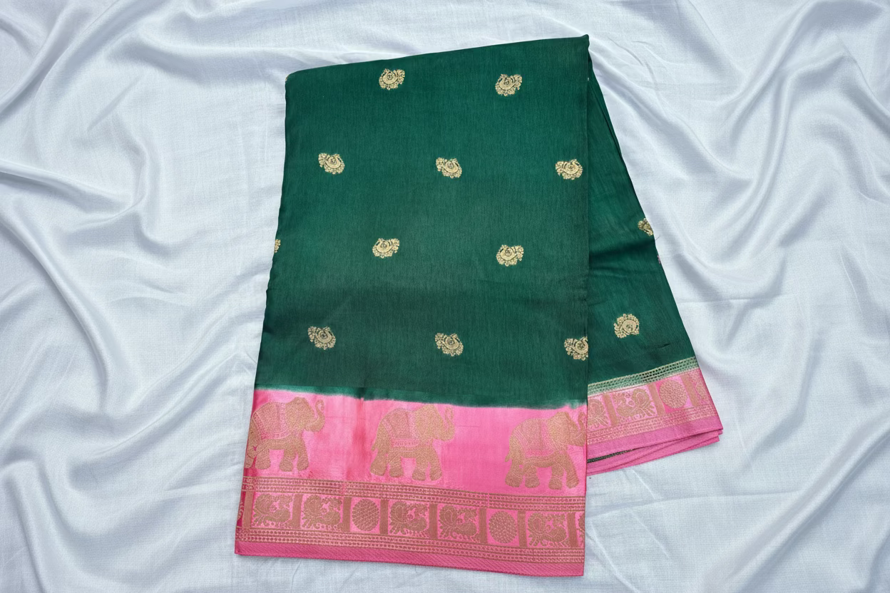Emerald Green Dola Silk with Satin Border