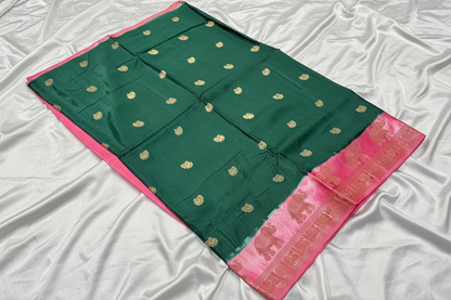 Emerald Green Dola Silk with Satin Border
