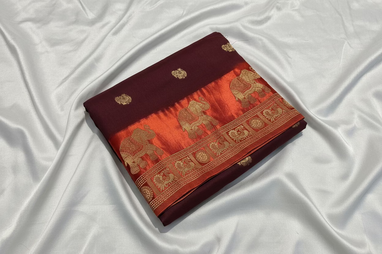 Brown Dola Silk with Rust Orange Satin Border