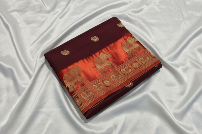 Brown Dola Silk with Rust Orange Satin Border