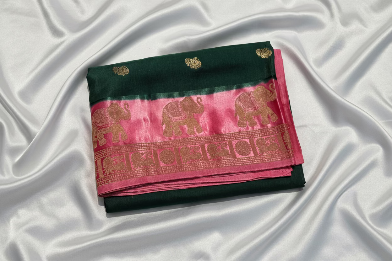 Emerald Green Dola Silk with Satin Border