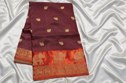 Brown Dola Silk with Rust Orange Satin Border
