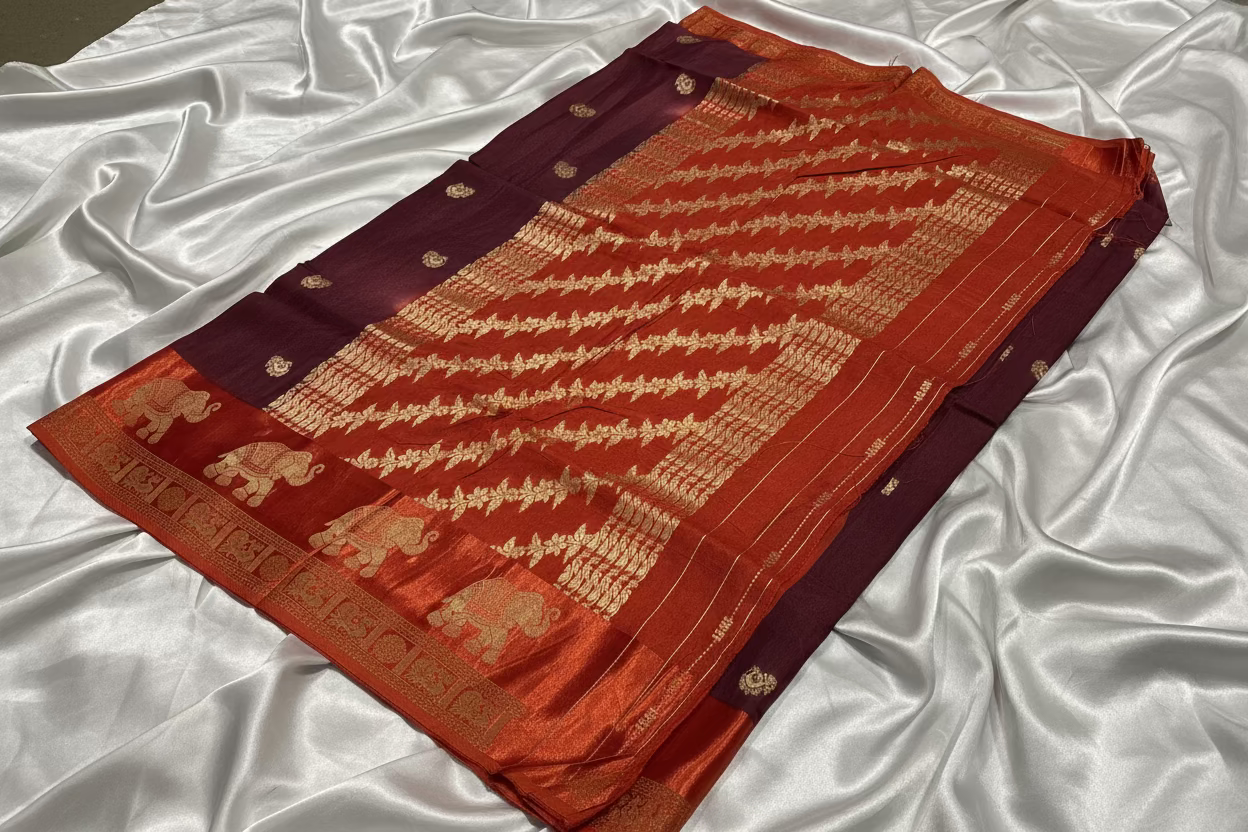 Brown Dola Silk with Rust Orange Satin Border