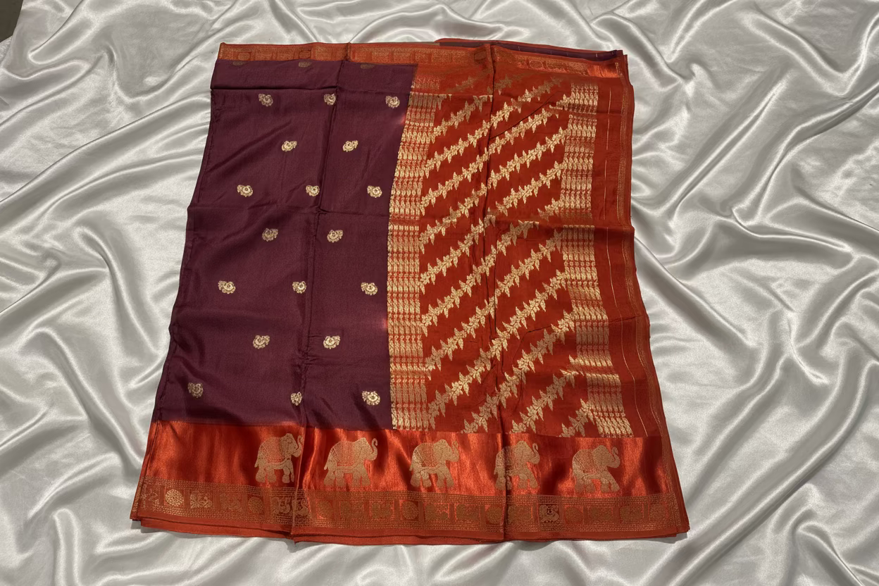 Brown Dola Silk with Rust Orange Satin Border
