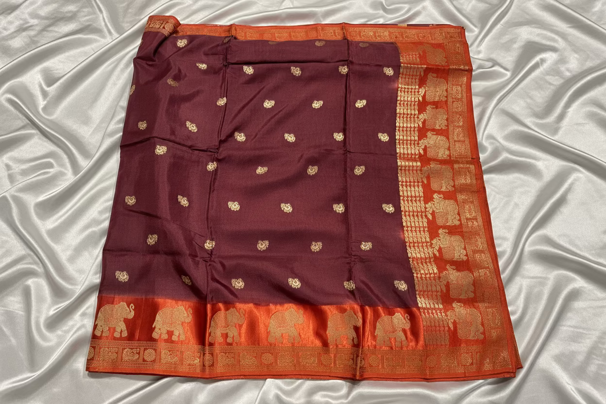 Brown Dola Silk with Rust Orange Satin Border