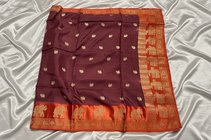 Brown Dola Silk with Rust Orange Satin Border