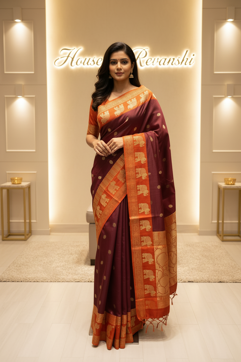 Brown Dola Silk - Rust Orange Satin Border