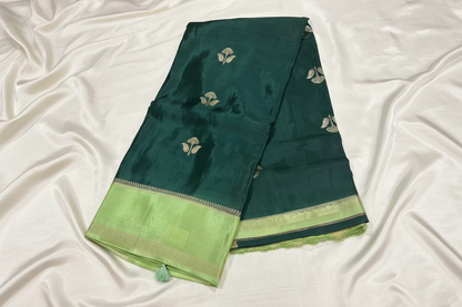 Dark Green Chinon Silk Saree with Satin Border