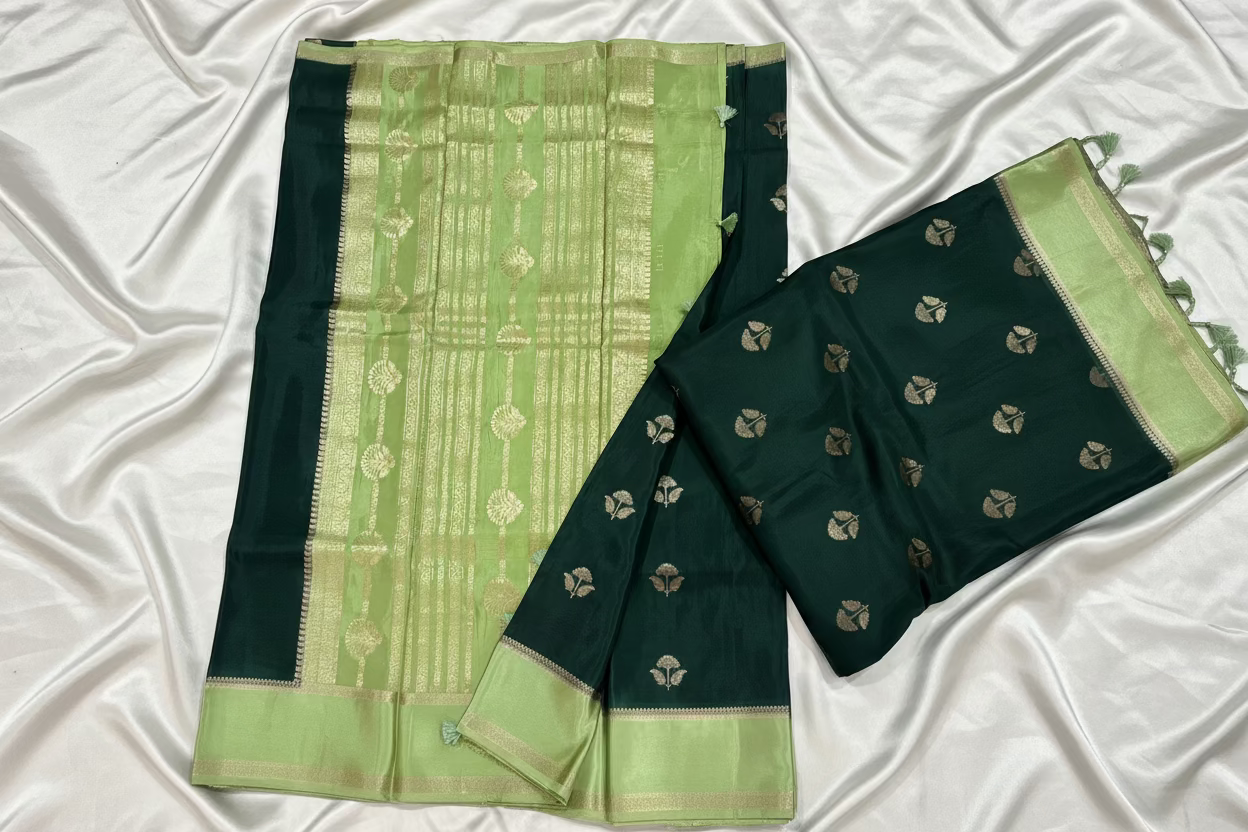 Dark Green Chinon Silk Saree with Satin Border