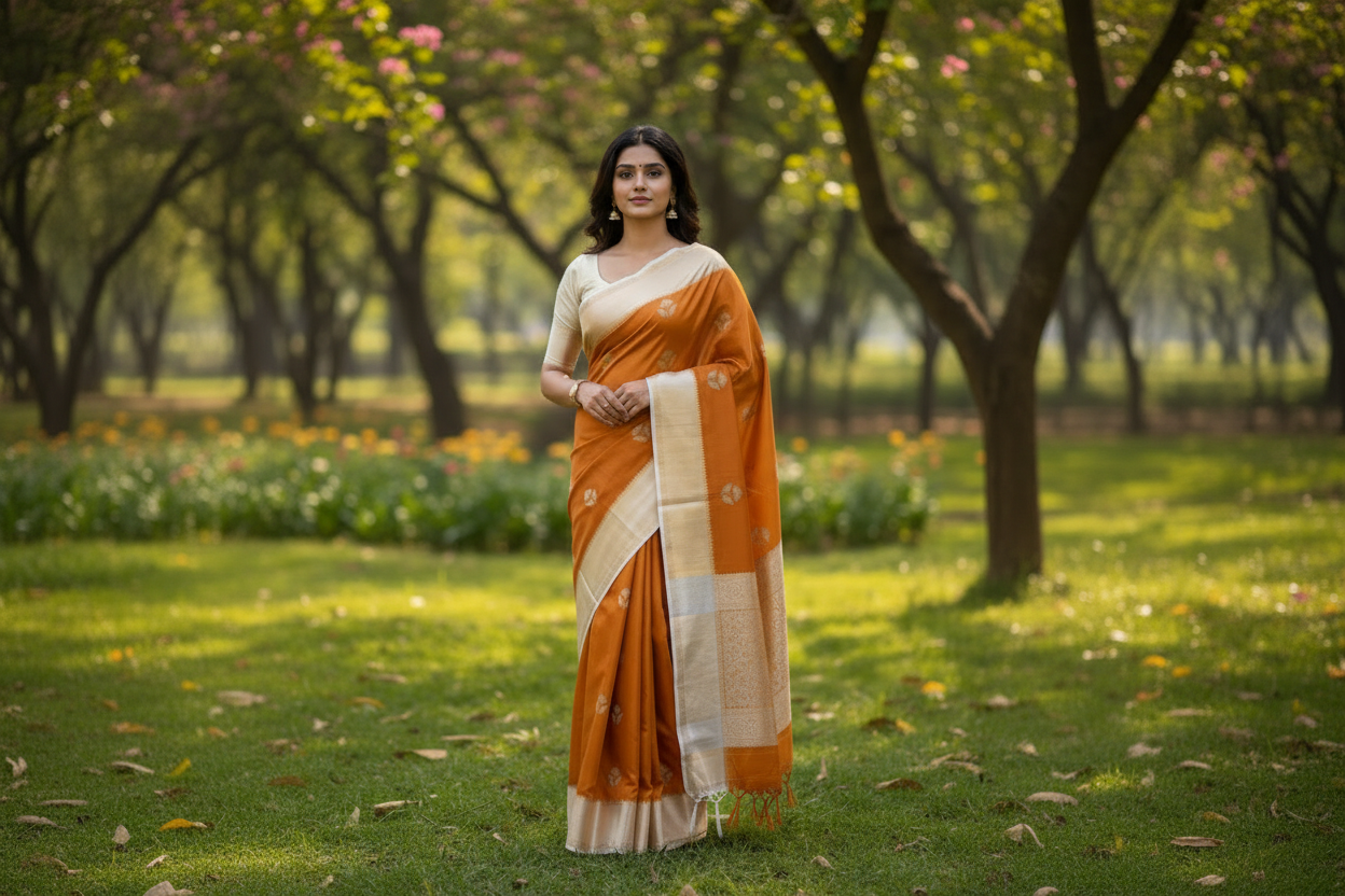 ಕಾಂಟ್ರಾಸ್ಟ್ ಬಾರ್ಡರ್ ಹೊಂದಿರುವ ಬೆಳ್ಳಿ ಹೂವಿನ ಮಾದರಿಯೊಂದಿಗೆ ಪ್ರಕಾಶಮಾನವಾದ ಕೆಂಪು ಶುದ್ಧ ಚಿನಿಯಾ ರೇಷ್ಮೆ- ಸಾಂಪ್ರದಾಯಿಕ ಉಡುಗೆ