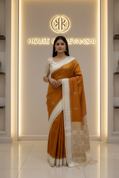 ಕಾಂಟ್ರಾಸ್ಟ್ ಬಾರ್ಡರ್ ಹೊಂದಿರುವ ಬೆಳ್ಳಿ ಹೂವಿನ ಮಾದರಿಯೊಂದಿಗೆ ಪ್ರಕಾಶಮಾನವಾದ ಕೆಂಪು ಶುದ್ಧ ಚಿನಿಯಾ ರೇಷ್ಮೆ- ಸಾಂಪ್ರದಾಯಿಕ ಉಡುಗೆ
