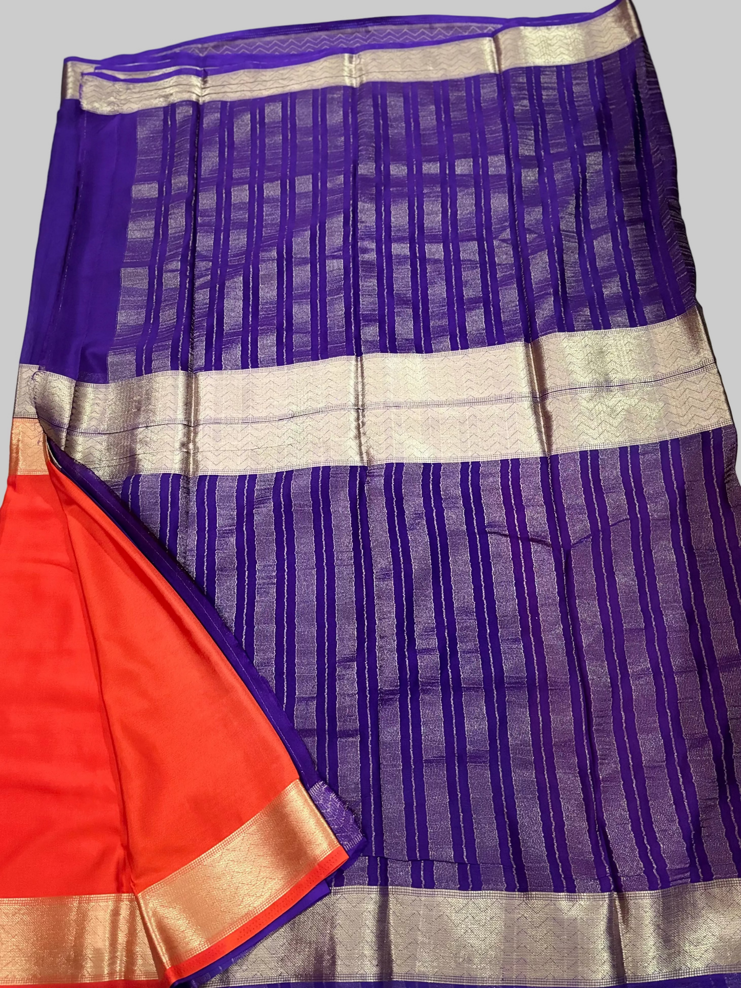 Purple & Orange Half & Half Mysore Crape Silk