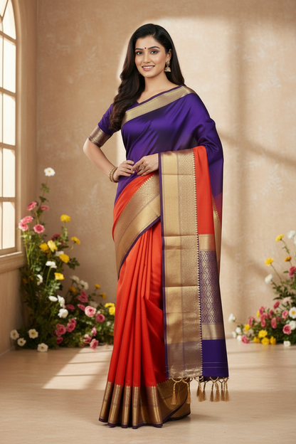 Purple & Orange Half & Half Mysore Crape Silk