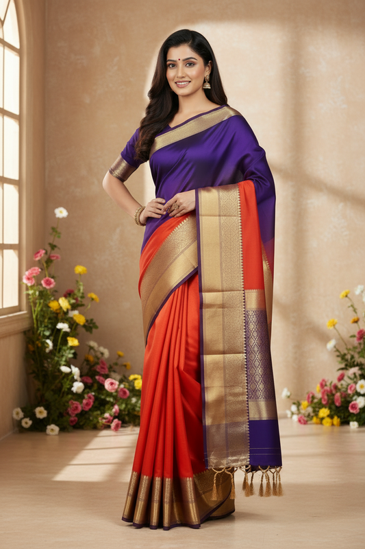 Purple & Orange Half & Half Mysore Crape Silk