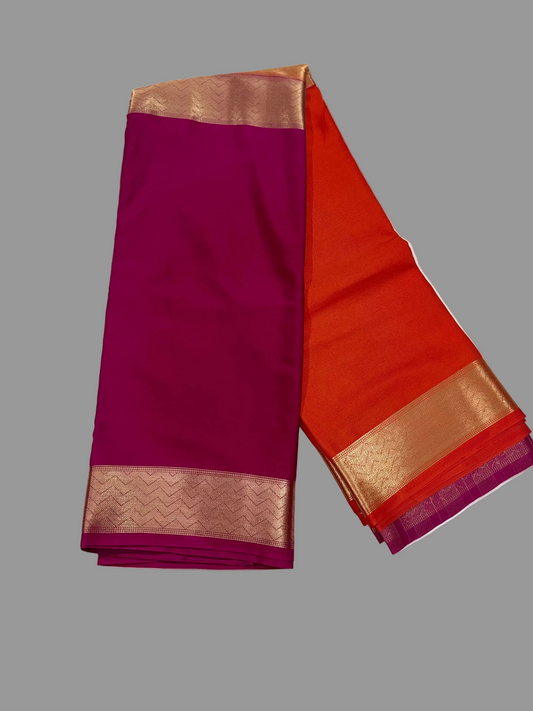 Magenta & Vibrant Orange Half & Half Mysore Crape Silk
