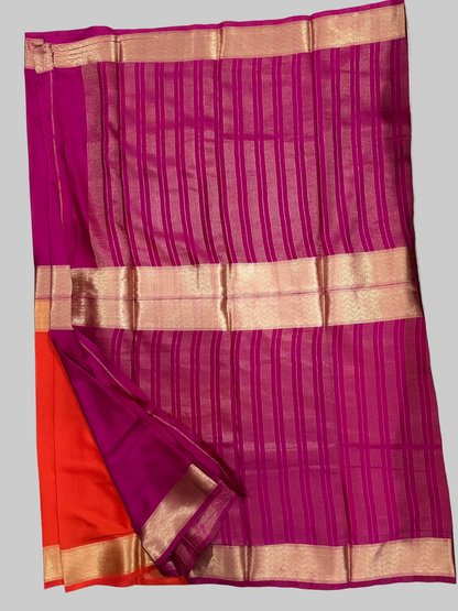 Magenta & Vibrant Orange Half & Half Mysore Crape Silk