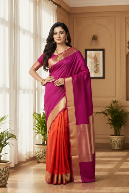 Magenta & Vibrant Orange Half & Half Mysore Crape Silk