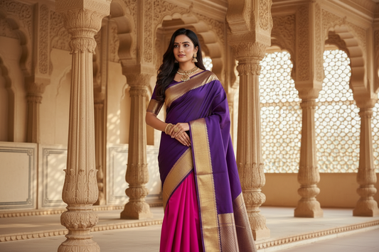Royal Purple & Rani Pink Orange Mysore Crape Silk - Half & Half