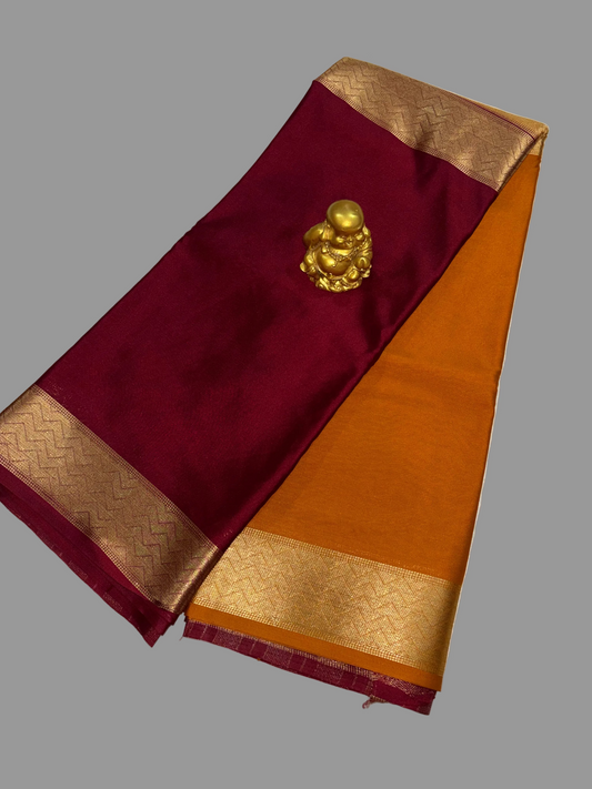 Maroon & Mustard Yellow Half & Half Mysore Crape Silk