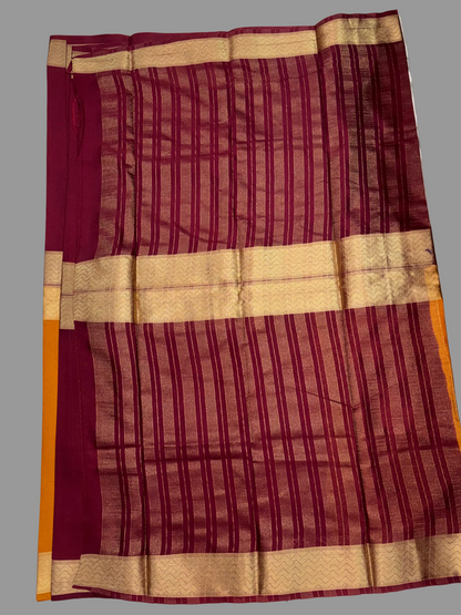 Maroon & Mustard Yellow Half & Half Mysore Crape Silk
