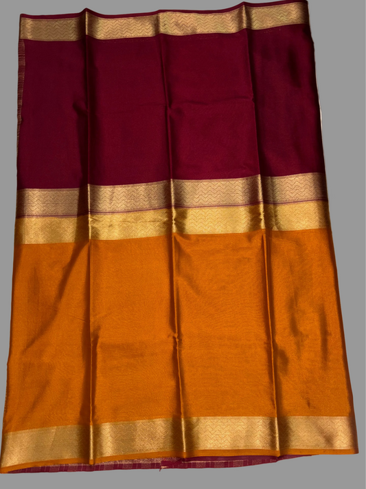 Maroon & Mustard Yellow Half & Half Mysore Crape Silk