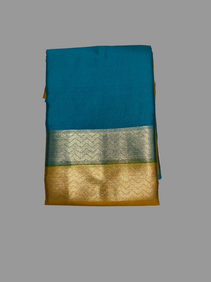 Mustard Yellow & Teal Blue Half & Half Mysore Crape Silk