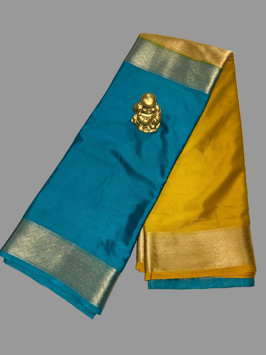 Mustard Yellow & Teal Blue Half & Half Mysore Crape Silk